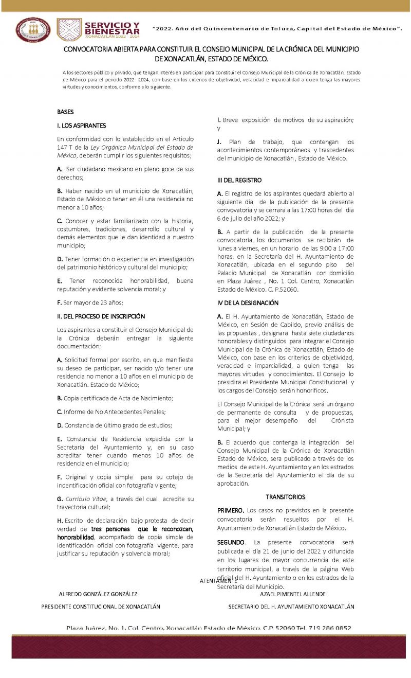 CONVOCATORIA ABIERTA PARA CONSTITUIR EL CONSEJO MUNICIPAL DE LA CRÓNICA DEL MUNICIPIO DE XONACATLÁN